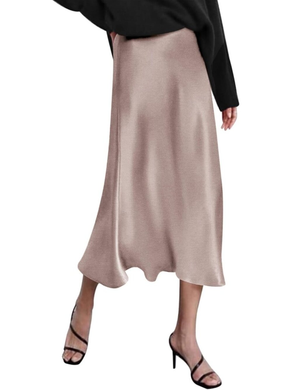 Women's Champagne High Waisted Satin Dress Zipper Silky Slip A-Line Midi Skirt